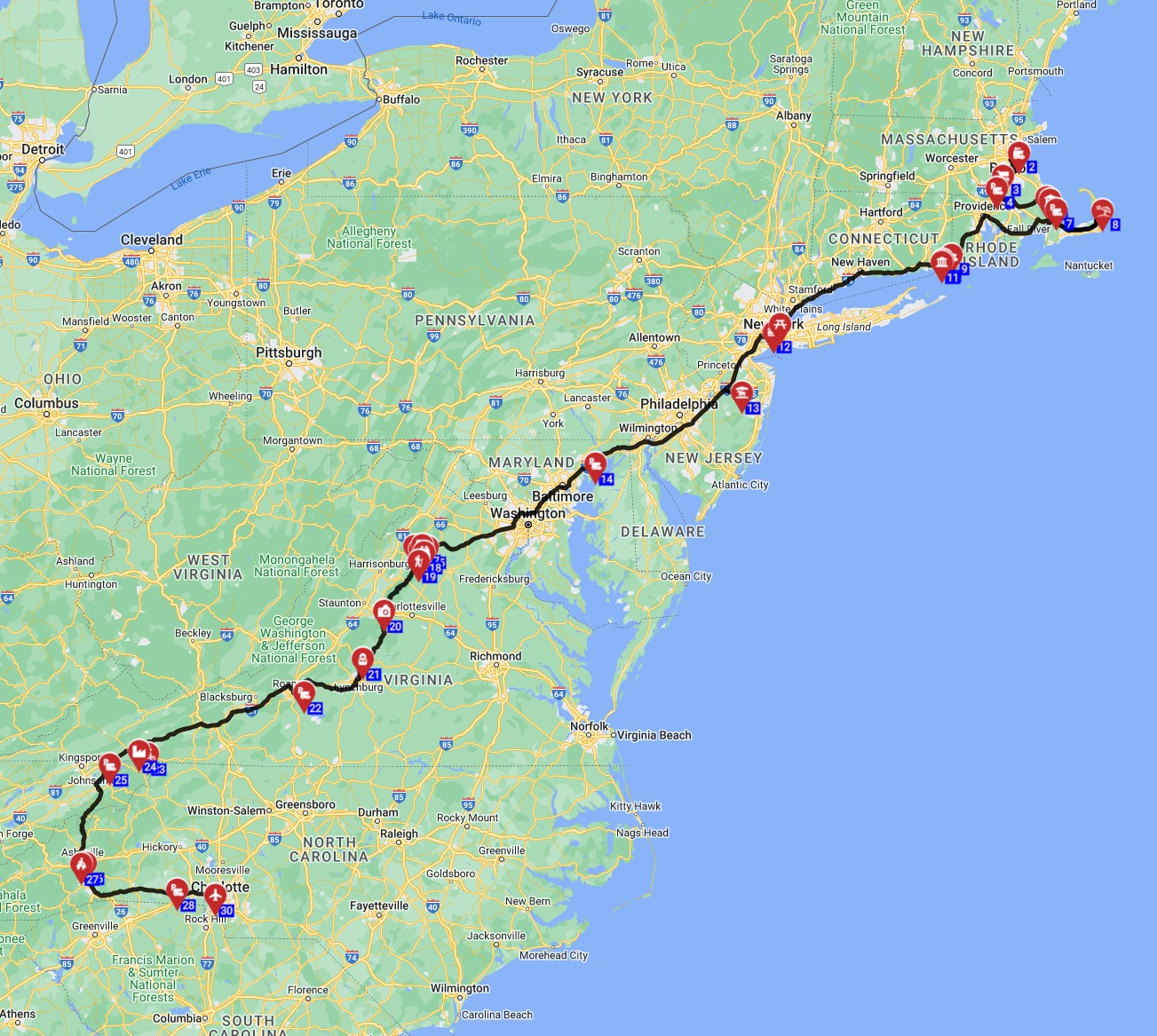 Map for Boston to Charlotte